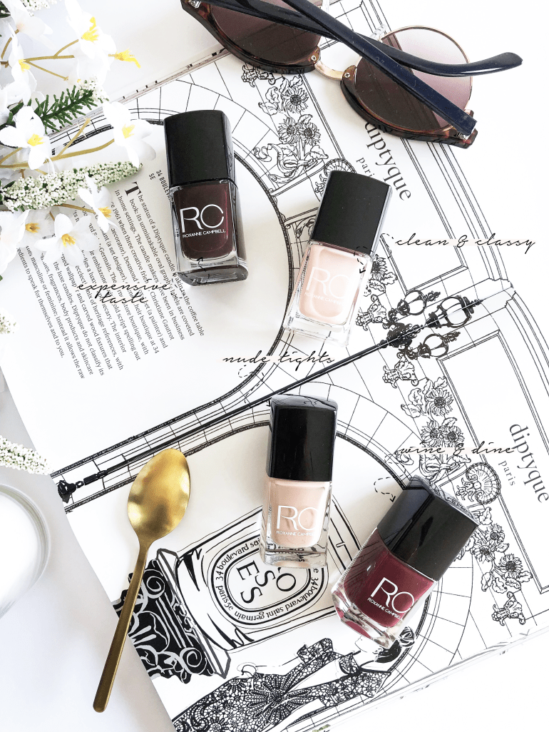 the classic nail polish colours ft. roxanne campbell london - new lune - expensive taste - nude tights - wine & dine - clean & classy