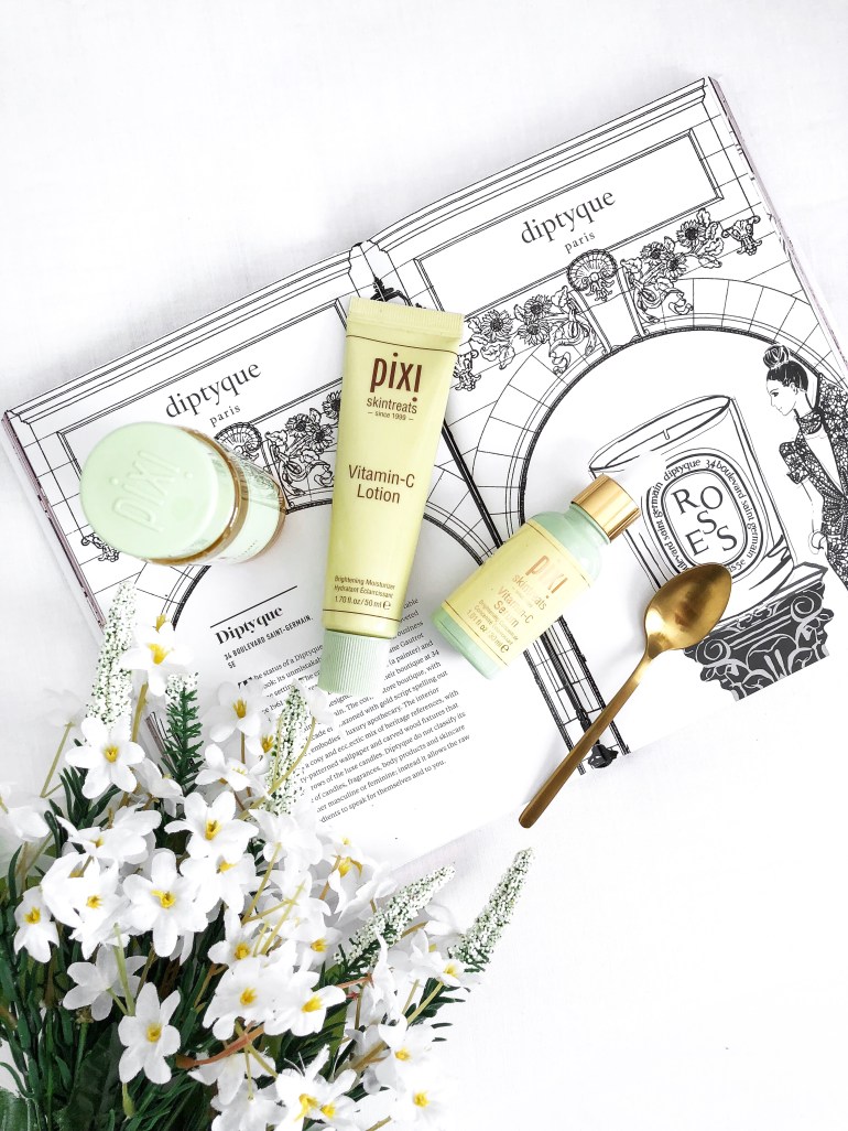 a glowing skincare routine - new lune - pixi beauty - vitamin c range - lotion - serum - toner