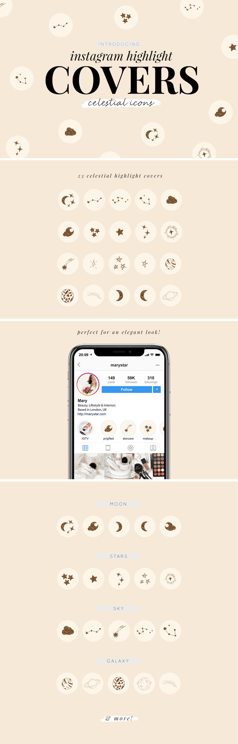 instagram highlight covers - new lune studio - celestial icons - gold glitter