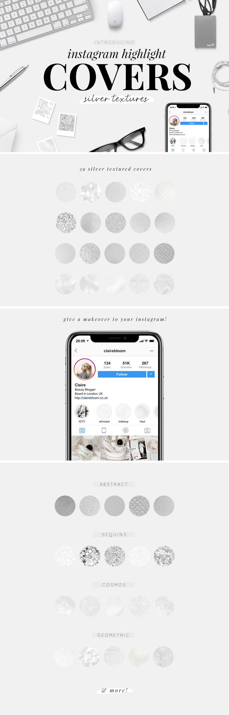 instagram highlight covers - silver textures - new lune studio